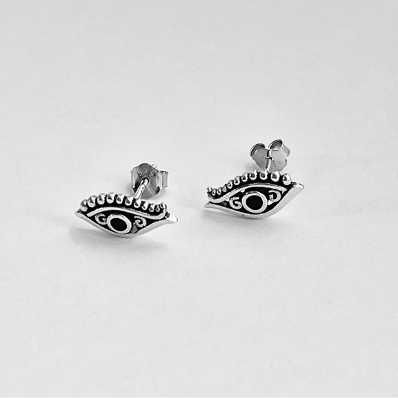 Sterling Silver Egyptian Eye Earrings with Black CZ, Religious Earring, Evil Eye - Picture 3 of 12
